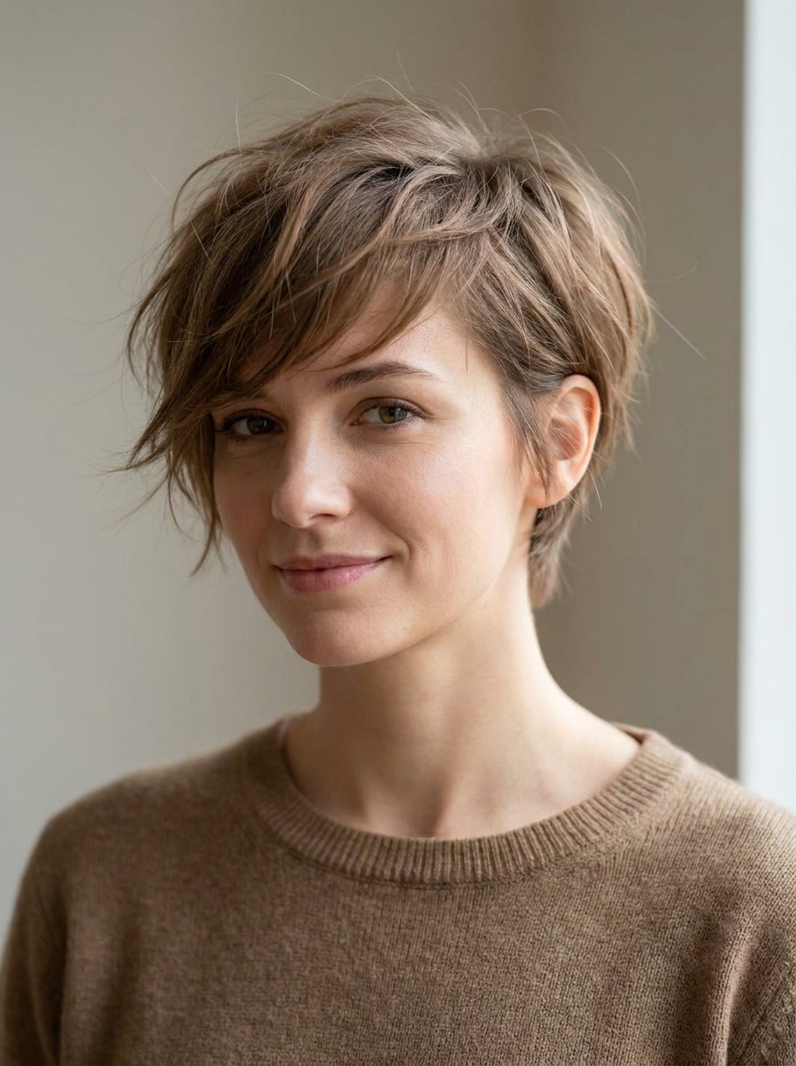 Messy Pixie mit langem Pony als Chaotische Kurzhaarfrisuren Inspiration 2026